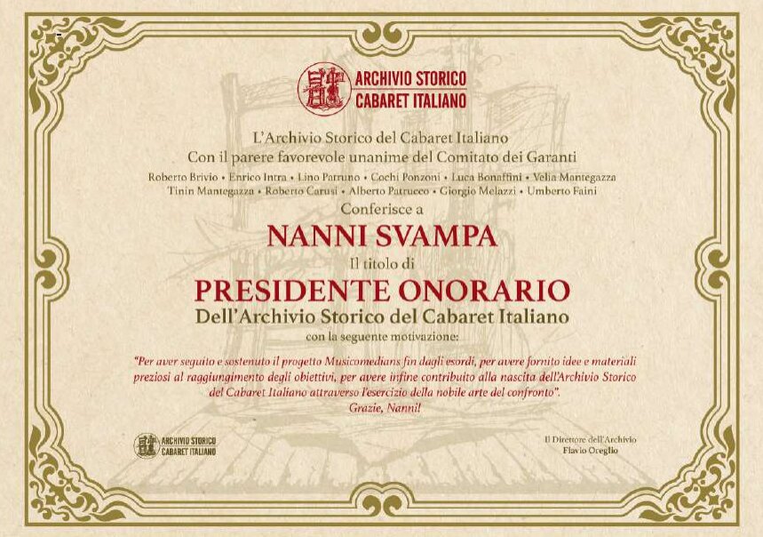 Attestato di Presidente Onorario conferito a Nanni Svampa